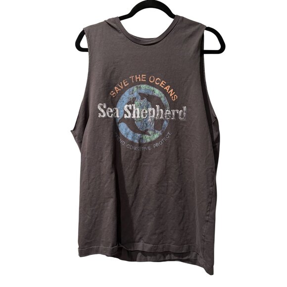 Sea Shepherd Save The Oceans Graphic Sleeveless Tank Top L Gray Organic Cotton - Picture 2 of 8